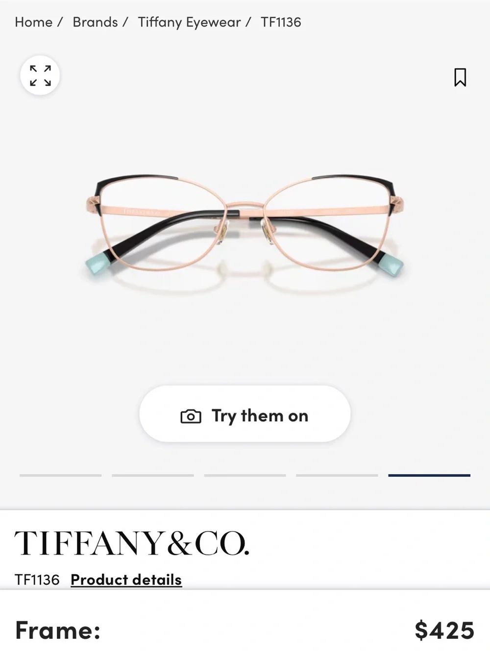 Women's Tiffany and Co gold metal and black cat eye frames